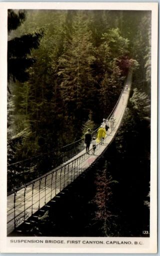 Vancouver Bc Canada Rppc Postcard Capilano Suspension Bridge Tinted Photo C1950s