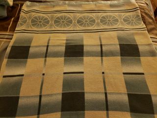 Vintage Wool Twin Blanket Mid Century Pattern Satin Edging Blue