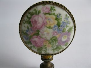 Antique Round Handpainted Floral Porcelain And Brass Lamp Finial 2 " X 2 3/4 "