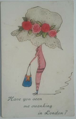 Edwardian Comic Fashion,  Woman In Hobble / Harem Skirt,  Large Lace Hat,  1918