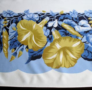 Gorgeous Vintage California Hand Prints Blue Floral Tablecloth 68x51 Vivid