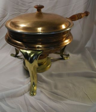 Vintage Copper & Brass Fondue Buffet Server Warmer Wood Handle & Knob