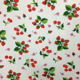 3,  Yards Vintage Cotton Fabric 34 Inch Wide Fruit Cherry Strawberry Red White