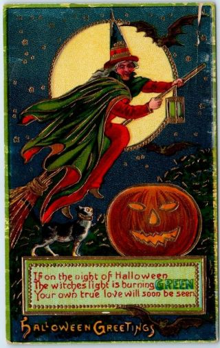Vintage 1910s Halloween Greetings Postcard Red Witch Flying Broom Jol