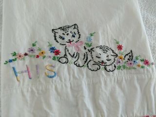 Vintage His and Hers Pillowcases White Embroidered Cats and Lace Edging Set 3