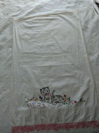 Vintage His and Hers Pillowcases White Embroidered Cats and Lace Edging Set 4
