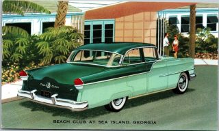 Old Postcard Beach Club At Sea Island Ga Clipper Custom 4 Door Sedan Vtg Car C2