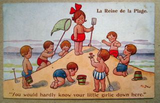 Queen Of The Beach French Little Girl Old Artist Signed Vintage Postcard 1142