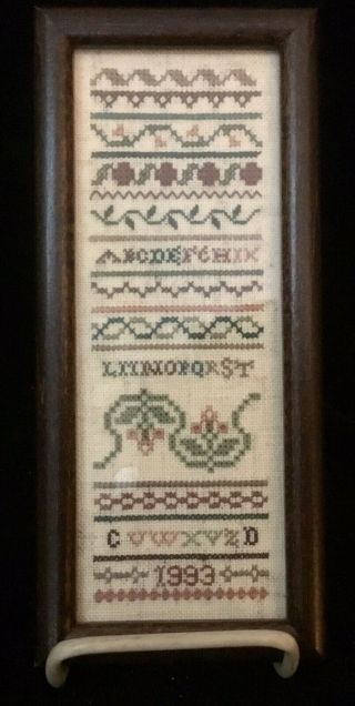 Vintage Hand Made Stitched Needlepoint Sampler In Early American Style,  Framed