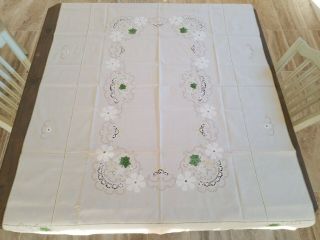 Vintage Tablecloth Applique & Embroidered Hand Stitched Floral Off White 49x82
