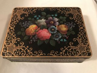 Old Black And Floral Roses Tin Made In England Exclusively For Case.  Hinged Box