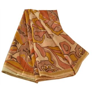 Sanskriti Vintage Cream Saree Pure Silk Printed Sari Craft Zari Border Fabric 2