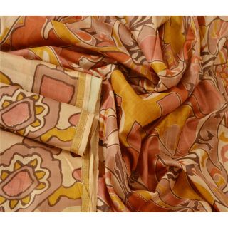 Sanskriti Vintage Cream Saree Pure Silk Printed Sari Craft Zari Border Fabric 3