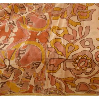 Sanskriti Vintage Cream Saree Pure Silk Printed Sari Craft Zari Border Fabric 5