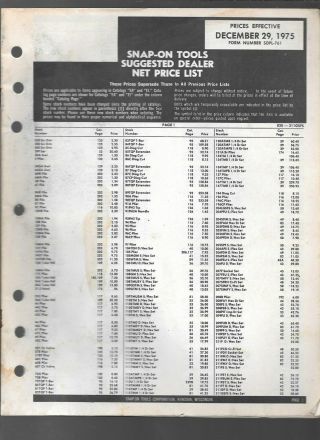 Snap - On Tools Price List - December 29,  1975
