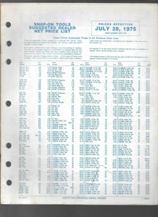 Snap - On Tools Price List - July 28,  1975