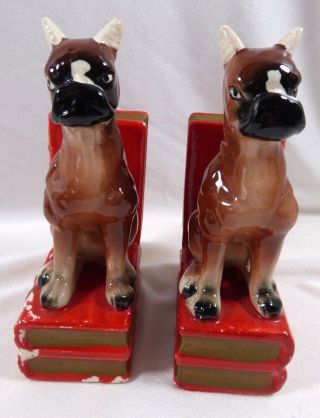 Vintage Set Of 2 Boxer Dog Book Ends Painted Ceramic