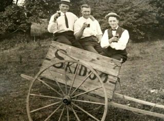 Glass Plate Negative & Post Card 3 Men With Beer Skidoo Wagon / Chariot Vintage