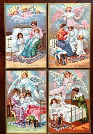 Set Of 4 " Now I Lay Me Down To Down To Sleep " Prayer Postcards Angels Children
