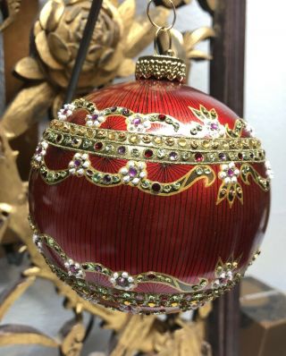 Jay Strongwater Globe Christmas Ornament W/ Swarovski Crystals 2002 Red White Fl