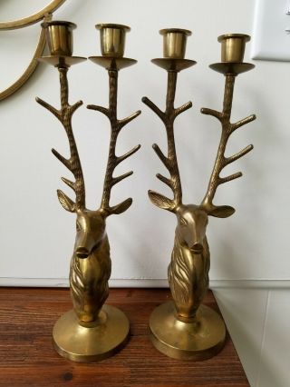 2 Vintage Brass Stag Deer Candle Holders