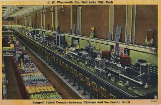 F W Woolworth Co.  Vintage Linen Longest Lunch Counter Postcard Vgc