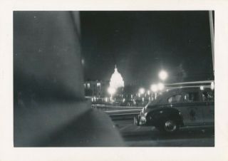 Vtg 3x5 Photo Snapshot Washington Dc Capitol Building Lit Up At Night Taxi 1951