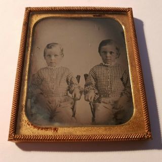 Uncased American Ambrotype Of Two Brothers In Matching Check Shirts C.  1855
