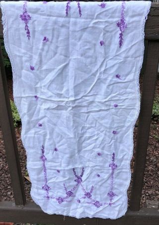 Vintage embroidered dresser scarf purple floral crochet trim 2
