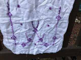 Vintage embroidered dresser scarf purple floral crochet trim 3