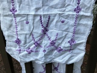 Vintage embroidered dresser scarf purple floral crochet trim 5