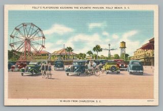 Folly Beach Amusement Park—charleston Sc Rare Vintage Linen—south Carolina 1940s
