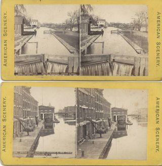 2 Stereoviews - Lock Above Reading,  Weigh Lock Junction Oswego & Erie Canal Ny