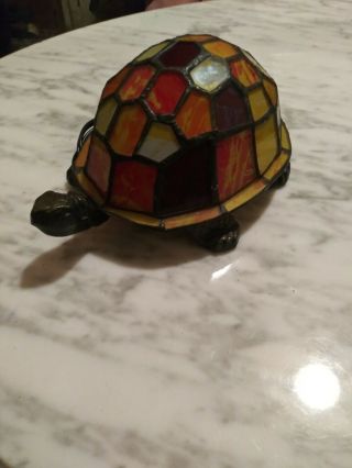 Tiffany Style Cast Brass And Stained Glass Turtle Night Light/ Accent Lamp