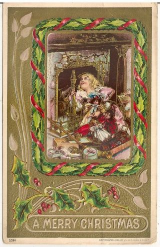 " A Merry Christmas " Child Looking Up Chimney Holiday Postcard 1908