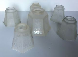 Antique Set Of 5 Ceiling Light Fixture Glass Patterned Hexagon Shades