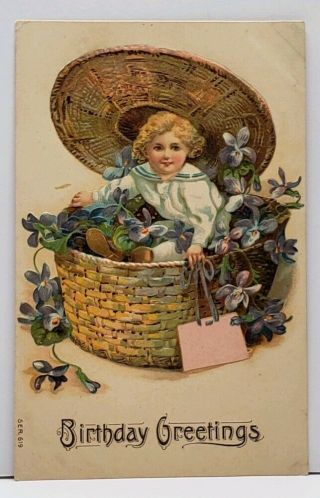 Birthday Greetings Victorian Child In A Basket Of Flowers 1907 Emb Postcard G12