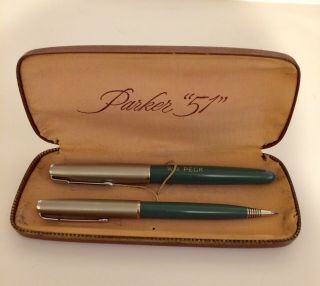 Vintage Parker 51 Pen & Mechanical Pencil Set Nassau Green & Chrome With Case