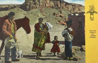 Postcard Navajo Family At Their Hogan Land Of Enchantment Linen Unposted 8499n