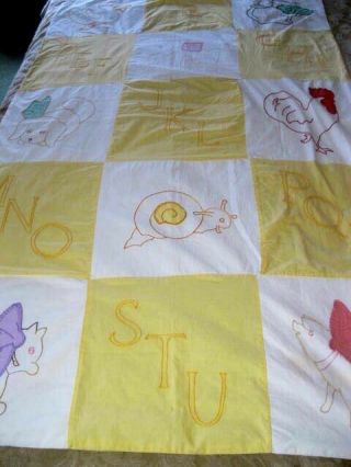 Vintage Handmade Hand Stitched Baby Quilt 53 " By 31 Abc’s Pastels Yellow Animals