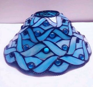 Vintage Tiffany Style Stained Glass Lamp Shade In Blue Scroll Wave