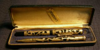 2 Antique Morrison’s Fountain Pens 14k Gold Filled Overlay 14k Gold Nibs In Case