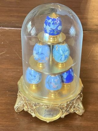 Sapphire Garden Hand - Painted Miniature Eggs By The House Of Faberge W Glass Dome