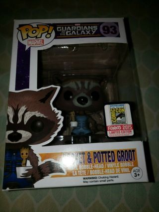 Funko Pop,  Guardians Of The Galaxy,  Rocket Racoon W/potted Groot,  Sdcc 2015 Ex