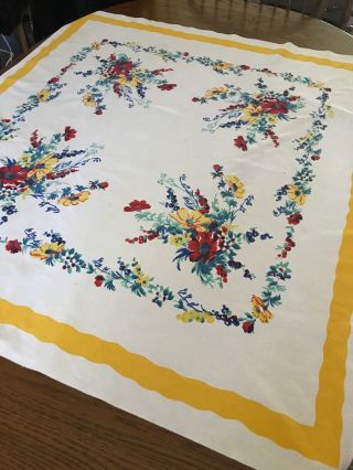 Vintage Bright Colorful Printed 1950 - 60’s Mid Century Tablecloth 45 X 41 " Cotton