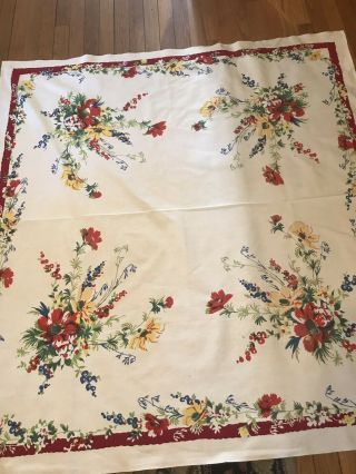 Vintage Wilendur Printed Cotton Table Cloth Red,  Yellow,  Blue.  51”x53”