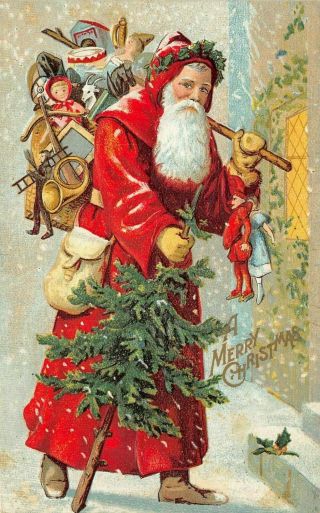 Old World Santa Claus In Long Robe W.  Tree & Toys Antique Christmas Postcard - C677
