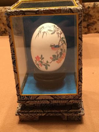 Oriental Hand Painted Signed Egg With Glass Case &