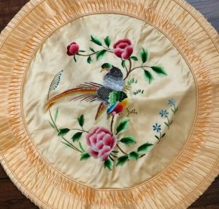 Vintage Embroidered Chinese Cushion Cover Pillow Case Round Bird Orange Asian