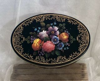 Vtg Ornate Black Toleware Gold Oval Floral Cookie Biscuit Candy Tin England 6x4”